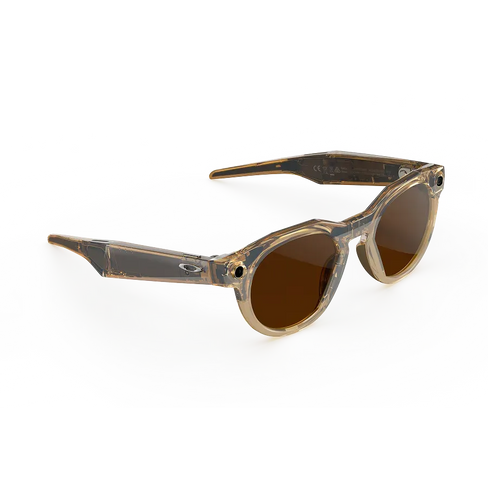 Vue de trois-quarts droite des lunettes Oakley Meta HSTN avec monture Light Curry et verres Transitions® marron.