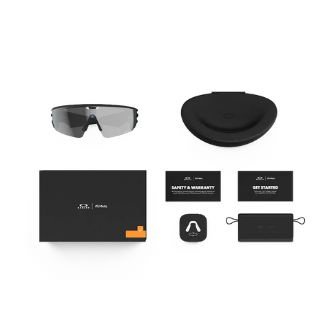 Fournis avec vos lunettes Oakley Meta Vanguard : étui de chargement Oakley Meta Vanguard, lunettes IA Oakley Meta Vanguard et guide de démarrage.