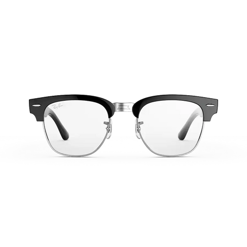Vue avant des lunettes Ray-Ban Meta Audio Clubmaster avec monture noir brillant et verres transparents.