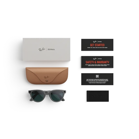 Articles inclus lors de l’achat des lunettes Ray-Ban Meta : étui de chargement Ray-Ban Meta, lunettes IA Ray-Ban Meta et guide de démarrage.
