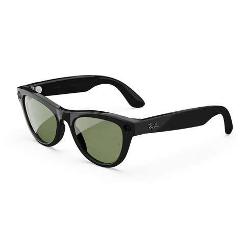 Vue de gauche des lunettes Ray-Ban Meta avec monture Noir Brillant et verres solaires verts.
