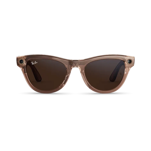 Vue avant des lunettes Ray-Ban Meta Skyler avec monture Transparent brillant pêche et verres Transitions® bruns.