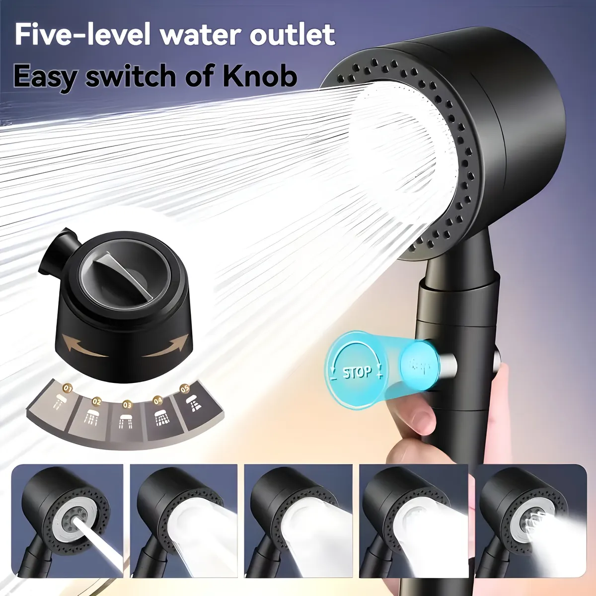 High-Pressure Limescale-Filter Shower Head with 5 Spray Modes - Vue 8