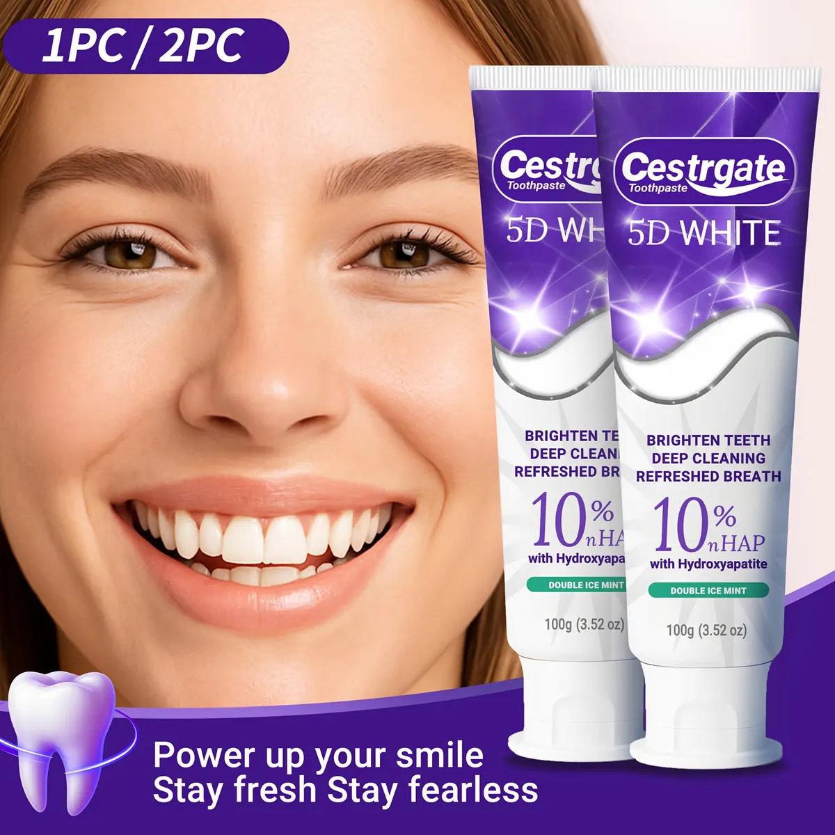 5D White Purple Color-Correcting Toothpaste - 10% Pure Hydroxyapatite