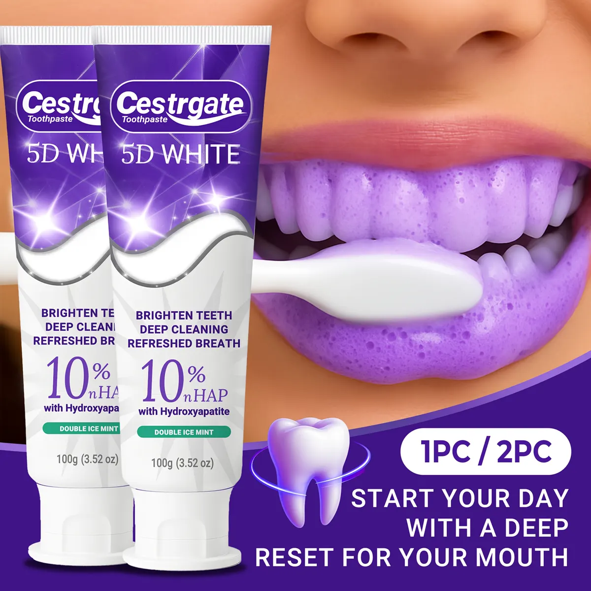 5D White Purple Color-Correcting Toothpaste - 10% Pure Hydroxyapatite - Vue 6