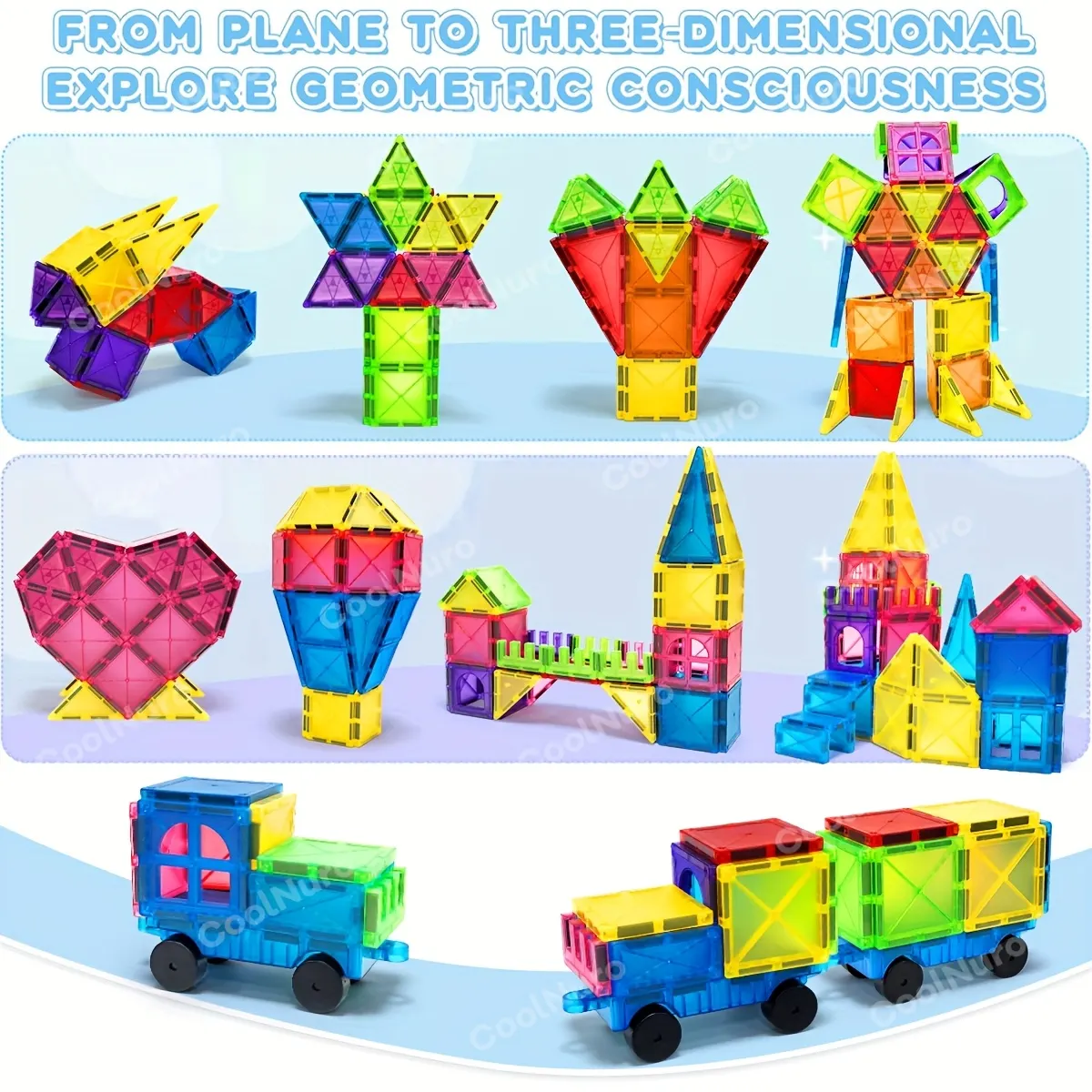 Transparent 3D Magnetic Tiles Set - STEM Educational Building Toy - Vue 6