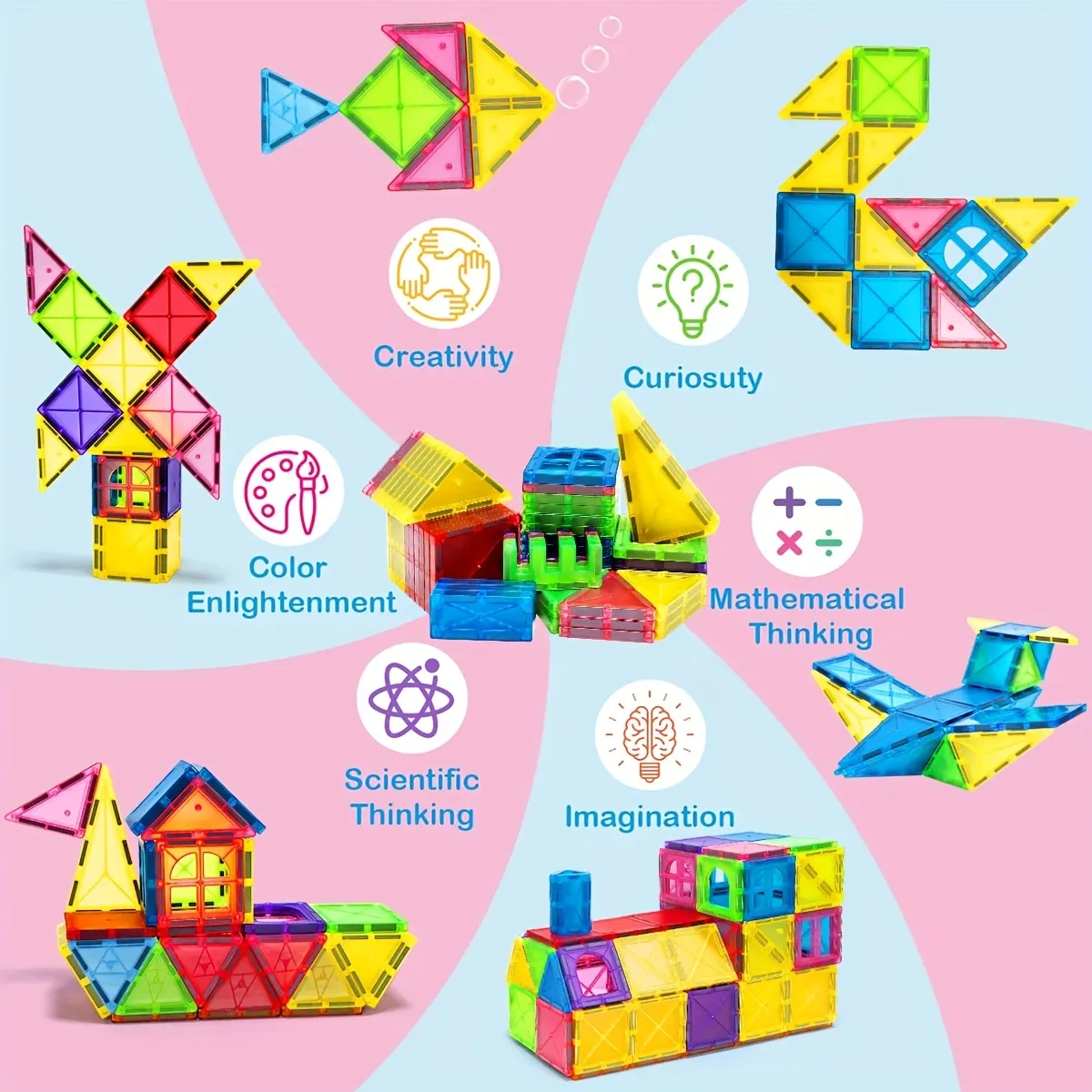 Transparent 3D Magnetic Tiles Set - STEM Educational Building Toy - Vue 8