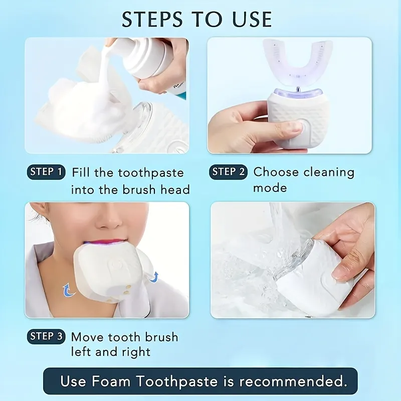 360° U-Shaped Ultrasonic Electric Toothbrush with Blue-Light Whitening - Vue 4