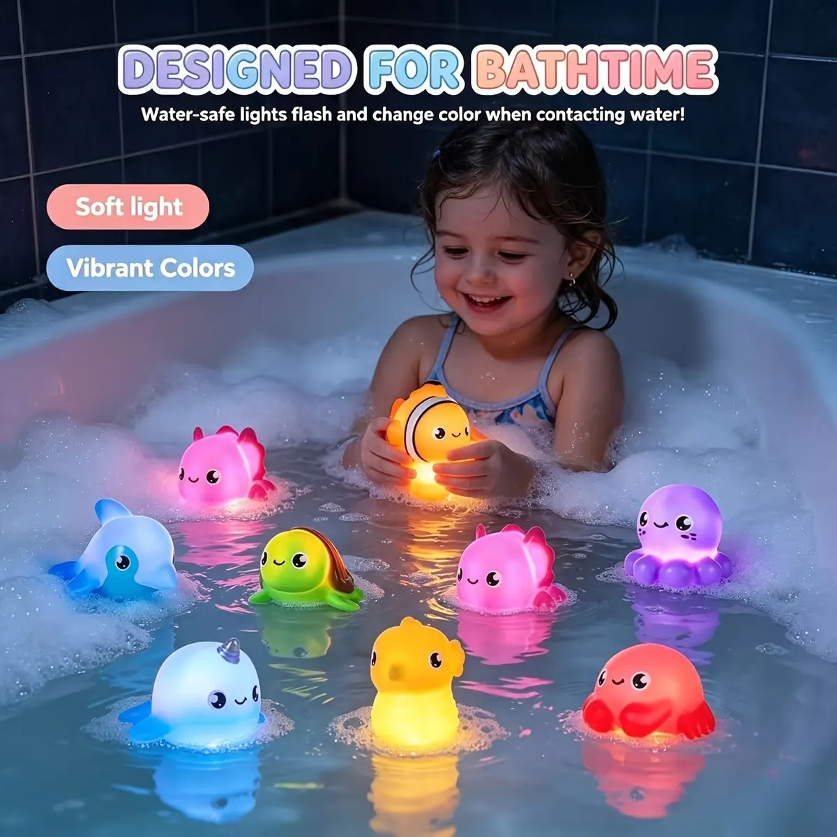 Hole-Free Bath Toys – Glittery Light-Up Sea Animals