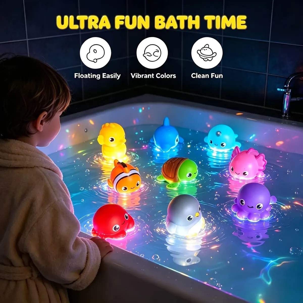 Hole-Free Bath Toys – Glittery Light-Up Sea Animals - Vue 4