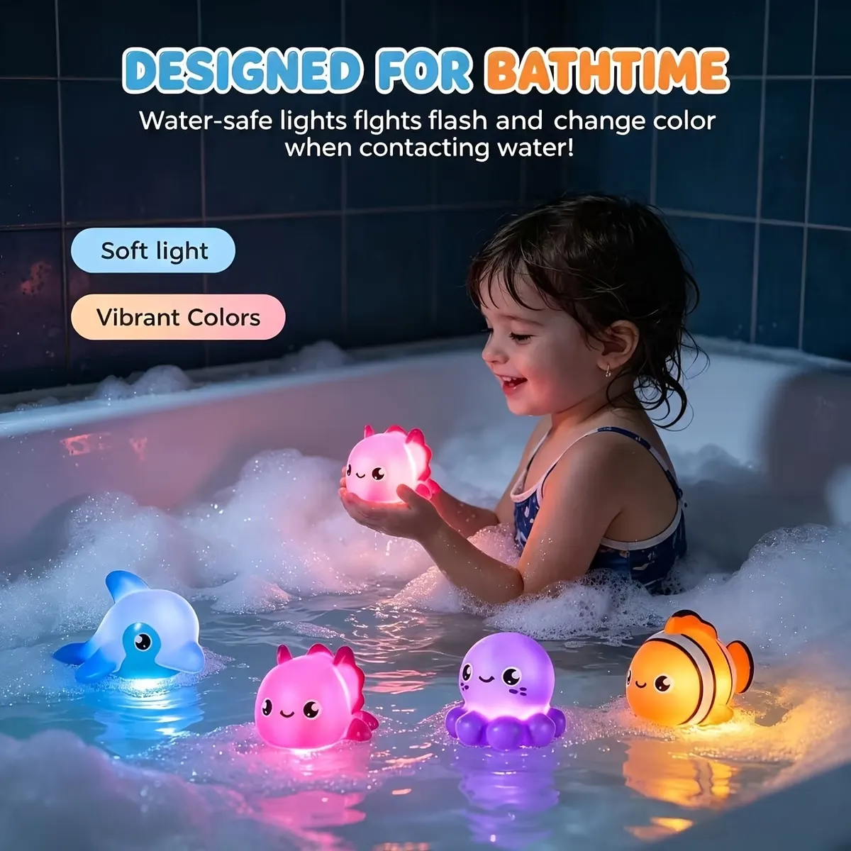 Hole-Free Bath Toys – Glittery Light-Up Sea Animals - Vue 6