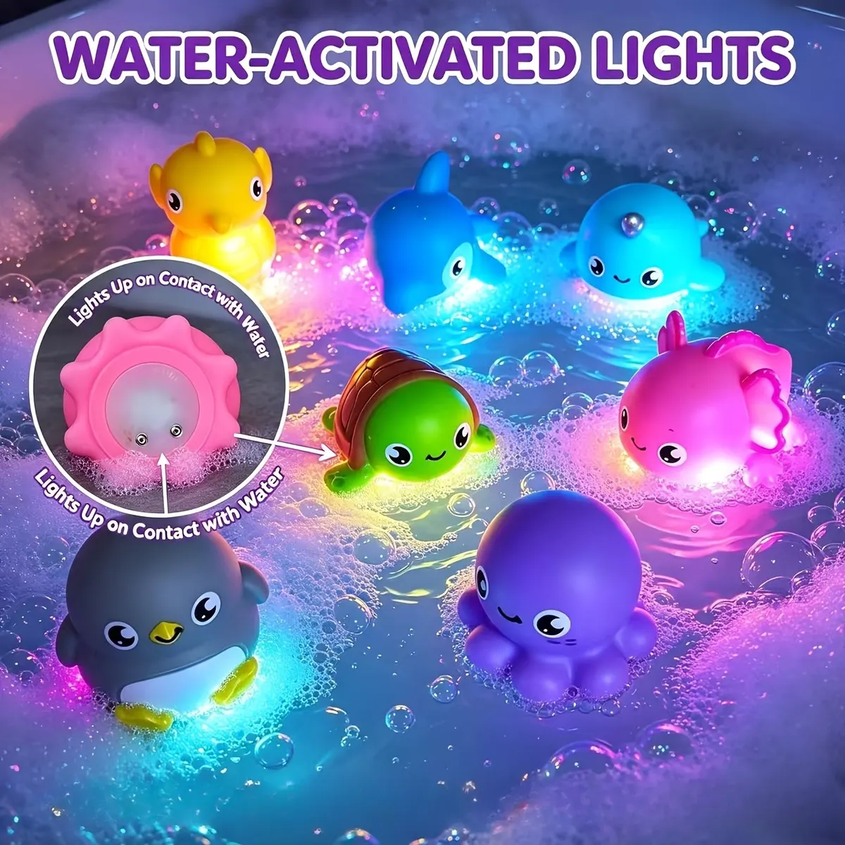 Hole-Free Bath Toys – Glittery Light-Up Sea Animals - Vue 8