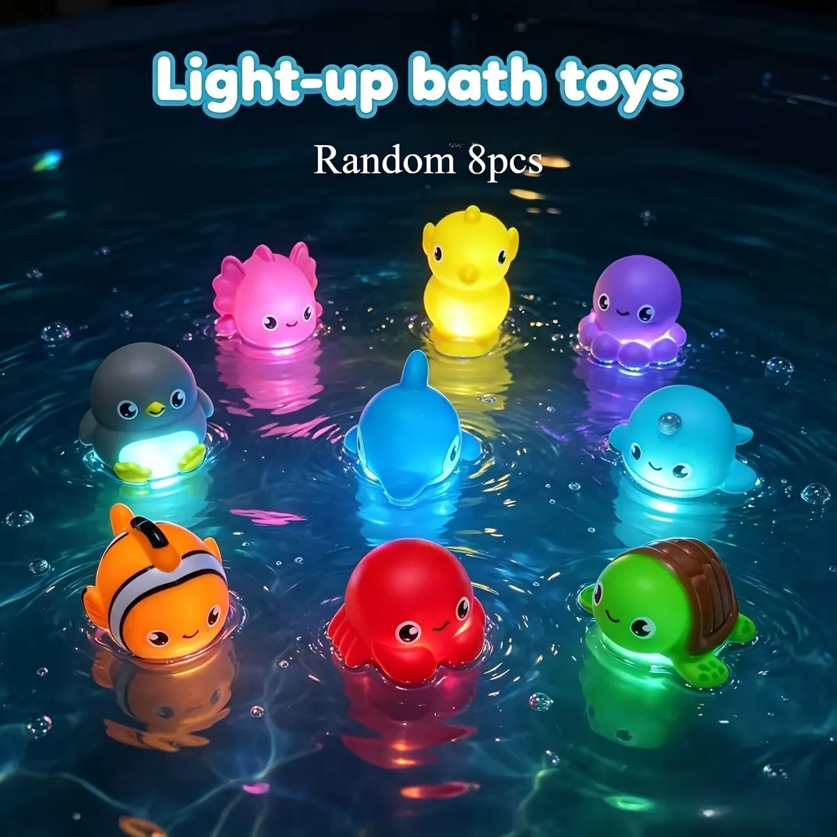 Hole-Free Bath Toys – Glittery Light-Up Sea Animals - Vue 9