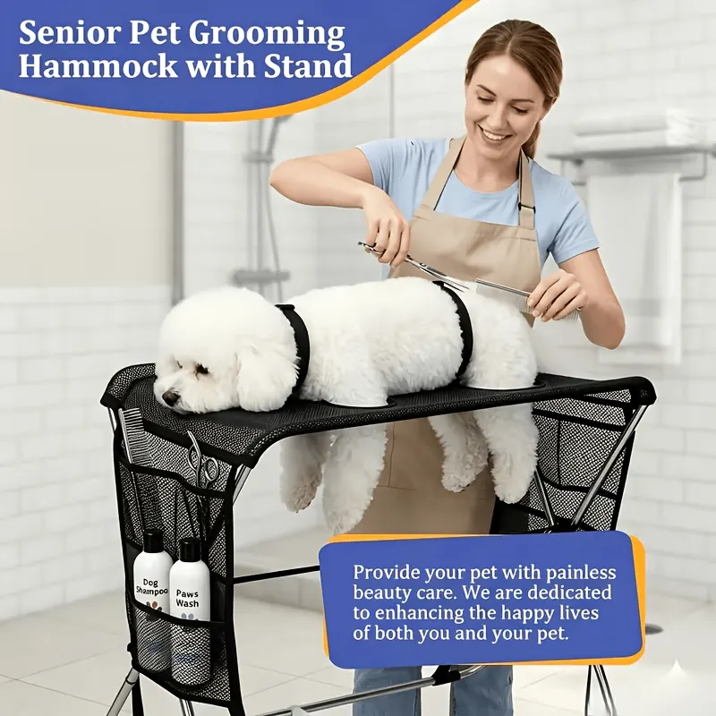 Foldable Grooming Hammock for Dogs & Cats – Stainless Frame with Bag - Vue 2