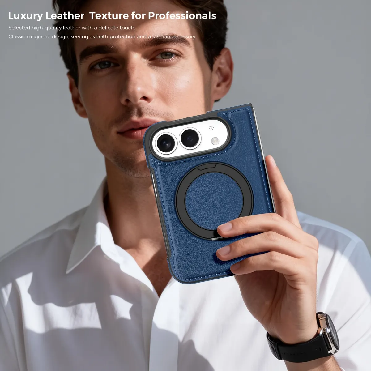 iPhone Fold Synthetic Leather Case with 360° Rotating Stand and Magnetic Ring - Vue 7