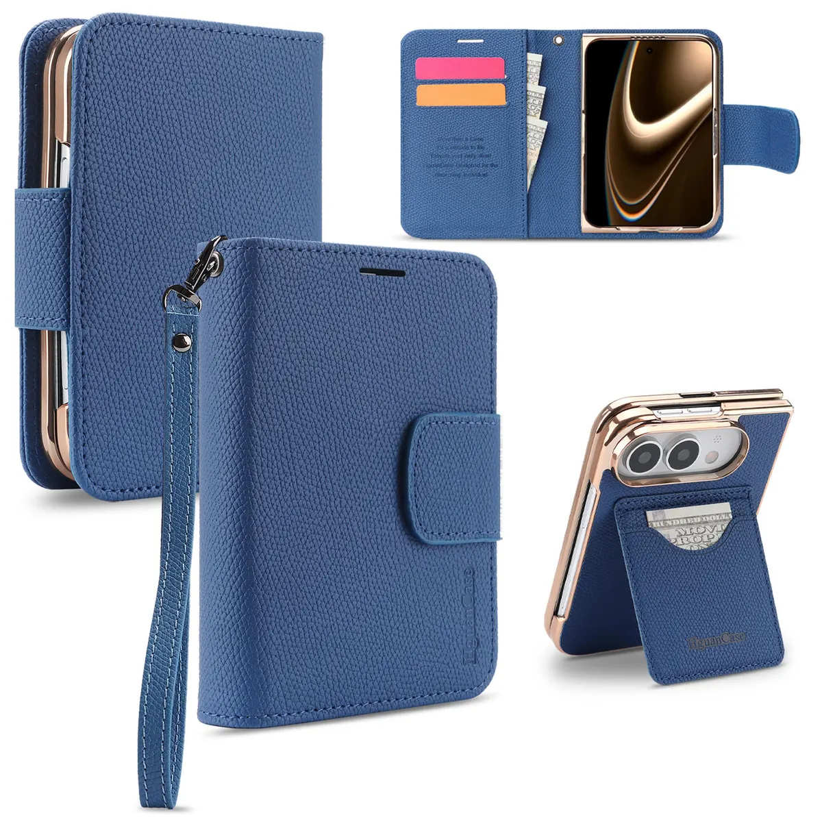 iPhone Fold Folio Case in Litchi-Grain Faux Leather with Wrist Strap - Vue 2