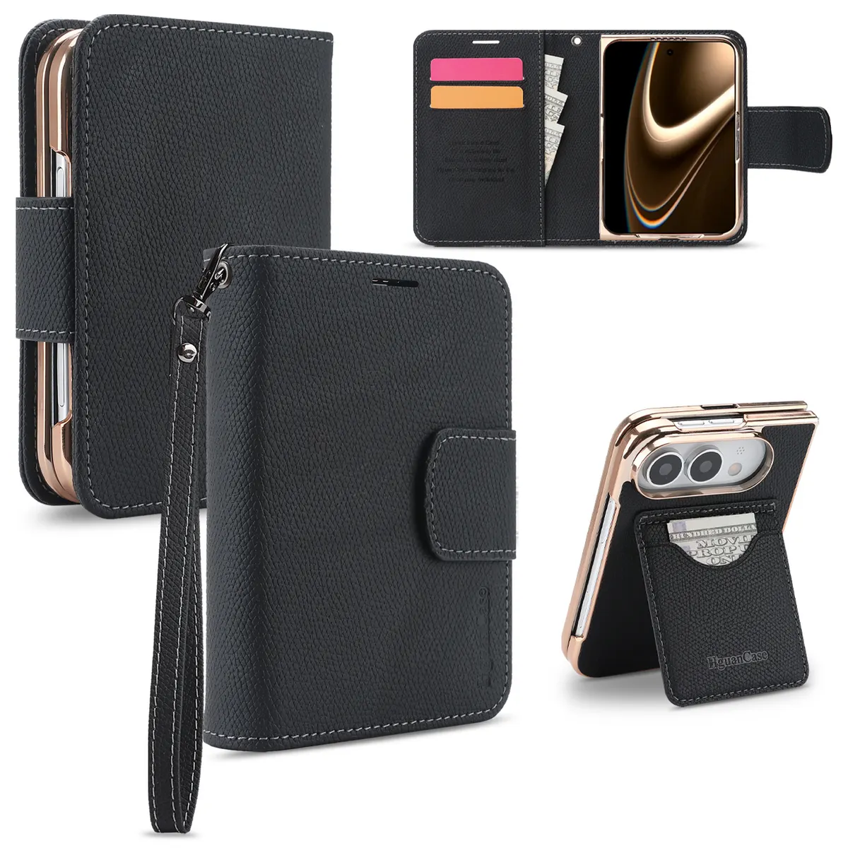 iPhone Fold Folio Case in Litchi-Grain Faux Leather with Wrist Strap - Vue 3