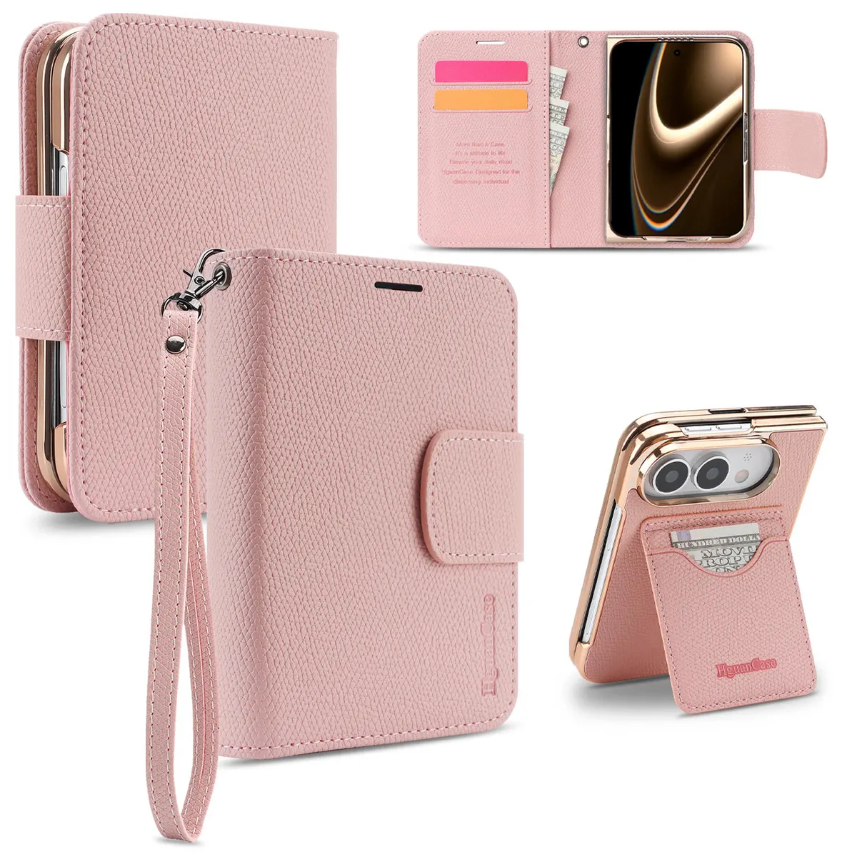 iPhone Fold Folio Case in Litchi-Grain Faux Leather with Wrist Strap - Vue 4