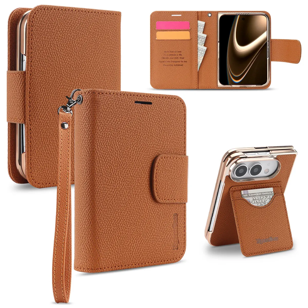 iPhone Fold Folio Case in Litchi-Grain Faux Leather with Wrist Strap - Vue 6
