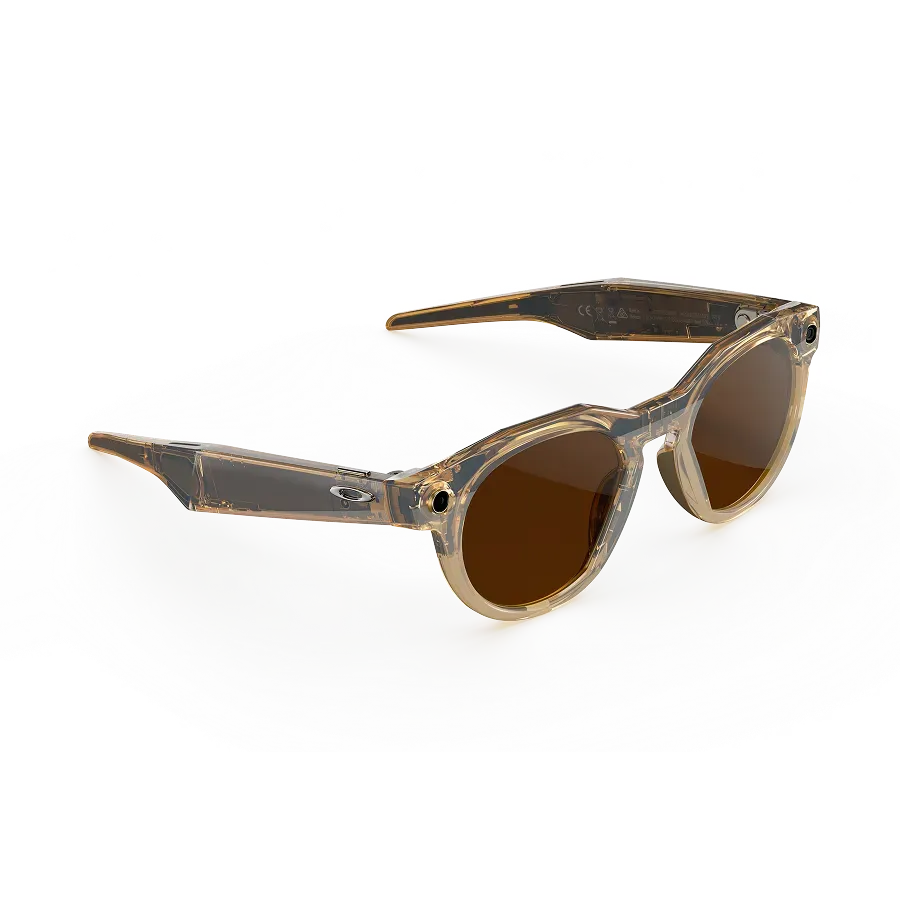 Vue de trois-quarts droite des lunettes Oakley Meta HSTN avec monture Light Curry et verres Transitions® marron.