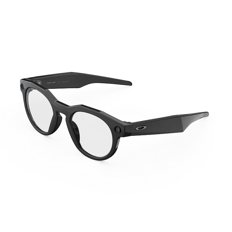 Vue de trois-quarts gauche des lunettes Oakley Meta HSTN avec monture noire et verres transparents.