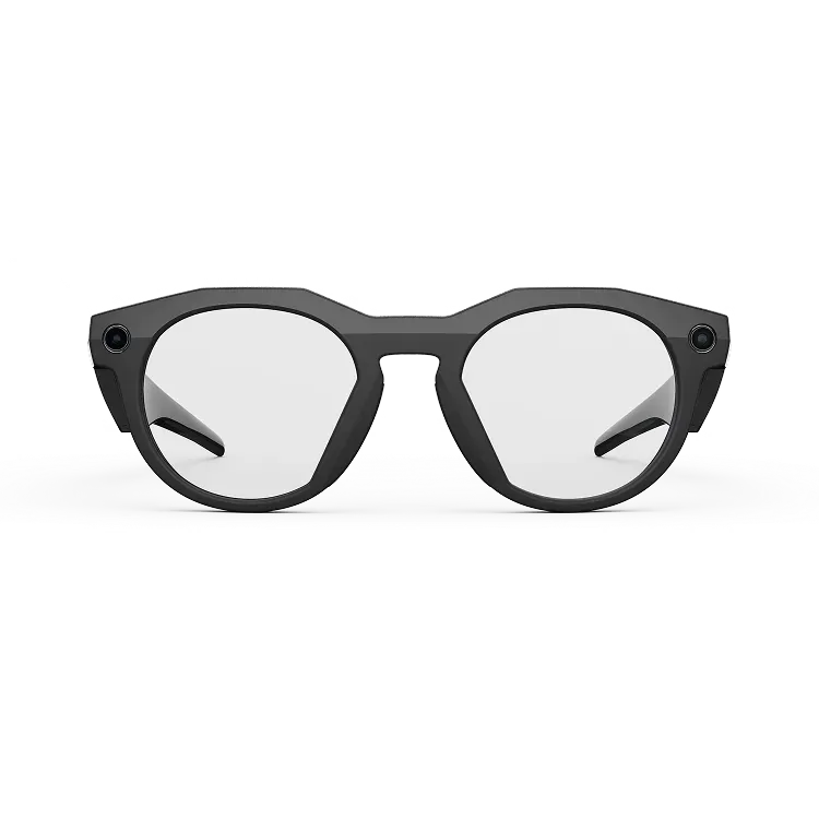 Vue de face des lunettes Oakley Meta HSTN avec monture noire et verres transparents.