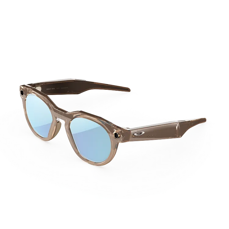 Vue de trois-quarts gauche des lunettes Oakley Meta HSTN avec monture Brown Smoke et verres Prizm™ Deep Water polarisés.