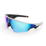 Vue de trois-quarts gauche des lunettes Oakley Meta Vanguard avec monture blanc mat et verres Prizm™ Sapphire.