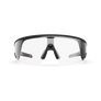 Vue de face des lunettes Oakley Meta Vanguard avec monture noire et verres transparents.