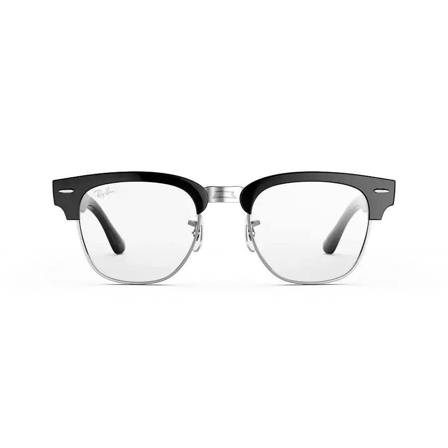 Vue avant des lunettes Ray-Ban Meta Audio Clubmaster avec monture noir brillant et verres transparents.