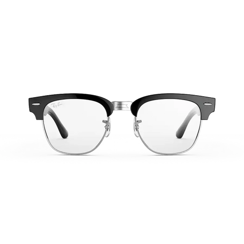 Vue avant des lunettes Ray-Ban Meta Audio Clubmaster avec monture noir brillant et verres transparents.