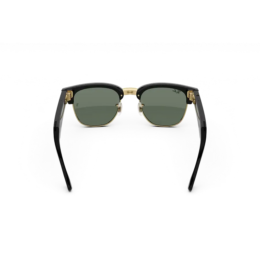 Vue arrière des lunettes Ray-Ban Meta Audio Clubmaster avec monture noir brillant et verres Transitions® vert graphite dorés.