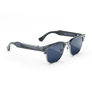 Vue de trois-quarts droite des Ray-Ban Meta Audio Clubmaster avec monture bleu ciel transparent et verres Transitions® saphir.