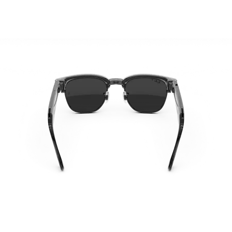 Vue arrière des Ray-Ban Meta Audio Clubmaster avec monture gris fer transparent et verres gris fusil polarisés.