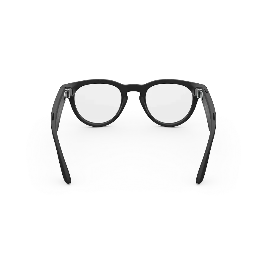 Vue arrière des lunettes Ray-Ban Meta Headliner avec monture noir mat et verres transparents.