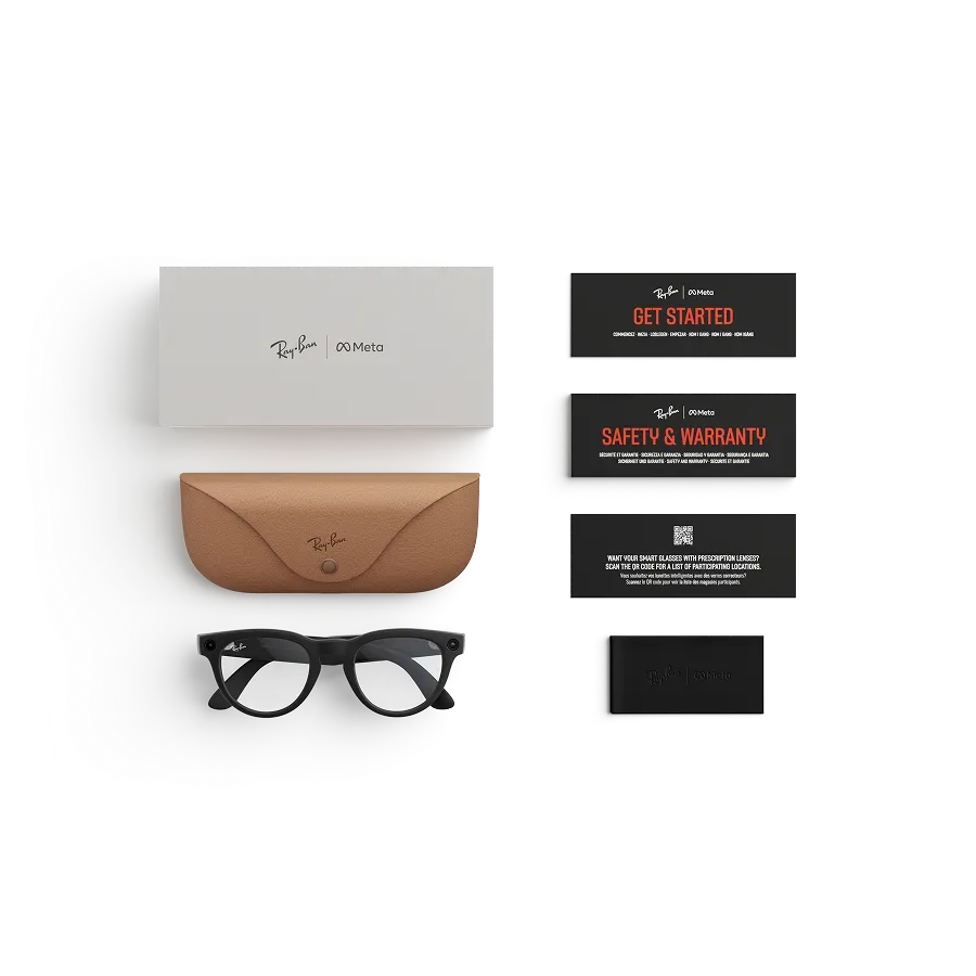 Articles inclus lors de l’achat des lunettes Ray-Ban Meta : étui de chargement Ray-Ban Meta, lunettes IA Ray-Ban Meta et guide de démarrage.