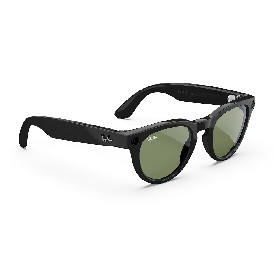 Vue de droite des lunettes Ray-Ban Meta Headliner avec monture Noir Brillant et verres solaires verts.
