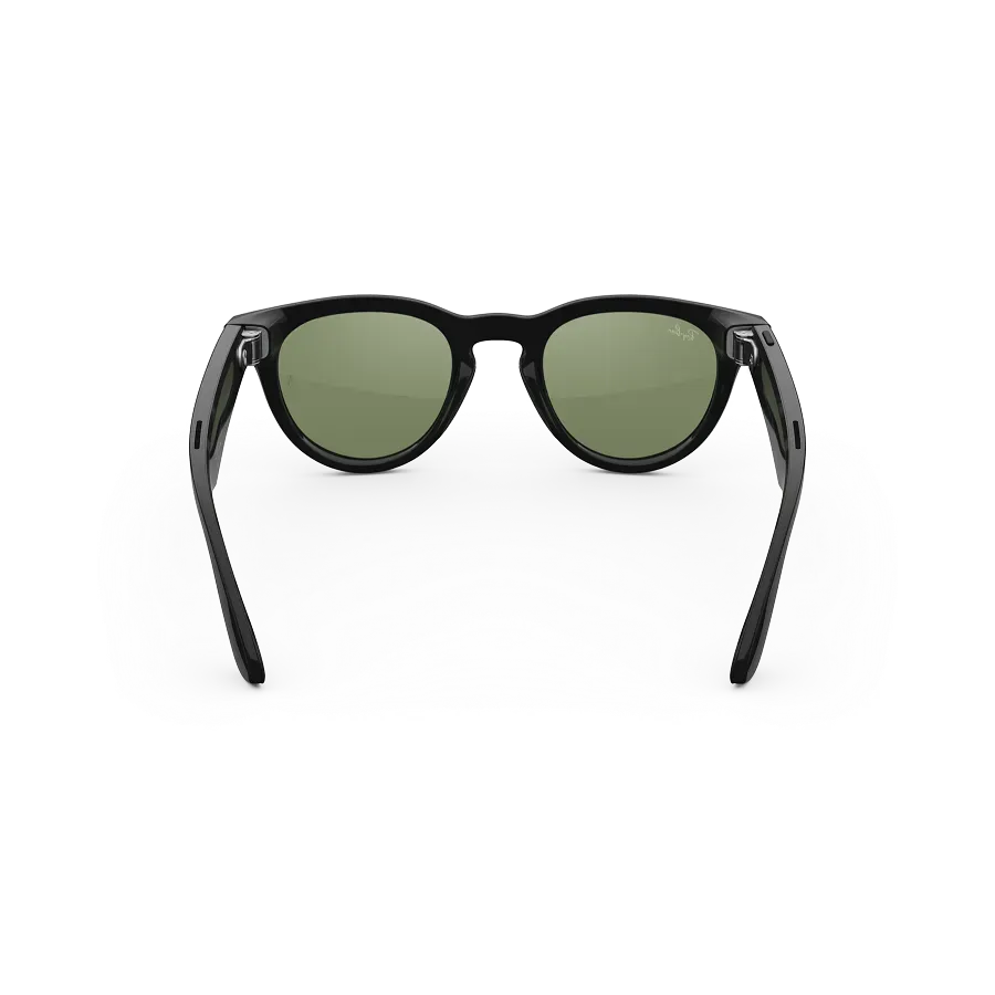 Vue arrière des lunettes Ray-Ban Meta Headliner avec monture Noir Brillant et verres solaires verts.