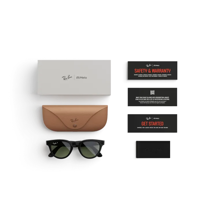 Articles inclus lors de l’achat des lunettes Ray-Ban Meta : étui de chargement Ray-Ban Meta, lunettes IA Ray-Ban Meta et guide de démarrage.