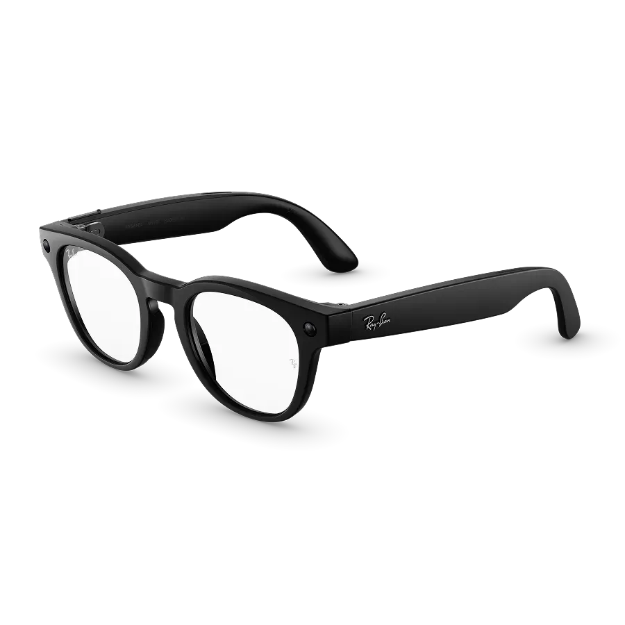 Vue de trois quarts gauche des lunettes Ray-Ban Meta Scriber Optics (Gen 2) avec monture Noir brillant uni et verres transparents.
