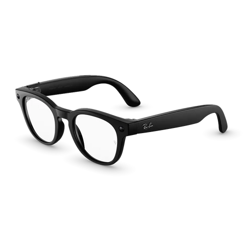 Vue de trois quarts gauche des lunettes Ray-Ban Meta Scriber Optics (Gen 2) avec monture Noir brillant uni et verres transparents.