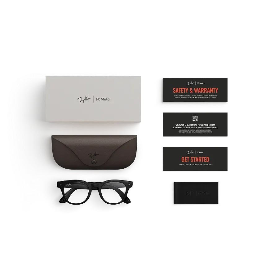 Articles inclus lors de l’achat des lunettes Ray-Ban Meta : étui de chargement Ray-Ban Meta, lunettes IA Ray-Ban Meta et guide de démarrage.