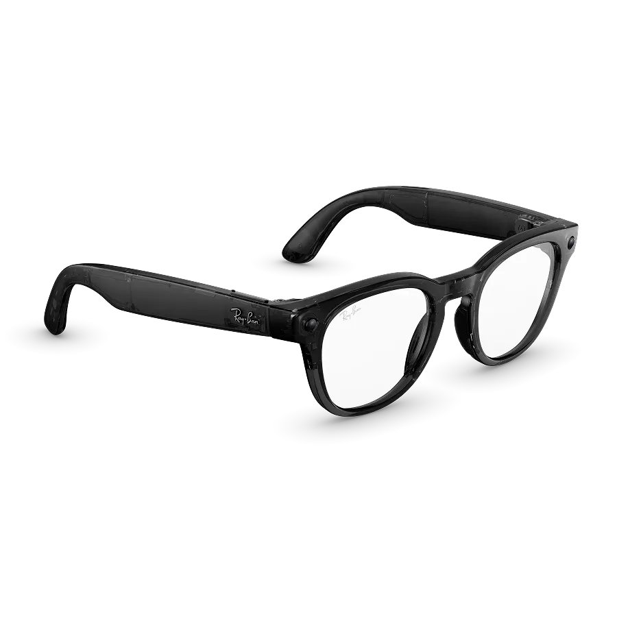 Vue de trois quarts droite des lunettes Ray-Ban Meta Scriber Optics (Gen 2) avec monture Noir Transparent brillant et verres transparents.