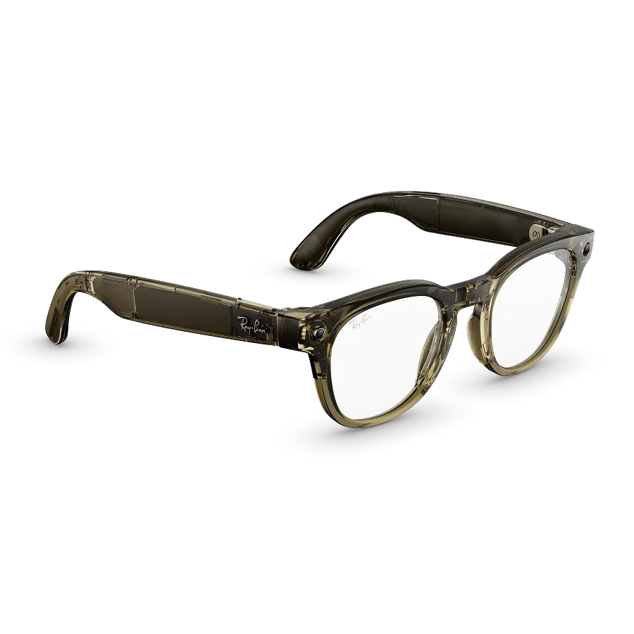 Vue de trois quarts droite des lunettes Ray-Ban Meta Scriber Optics (Gen 2) avec monture Beige Pierre Transparent brillant et verres transparents.