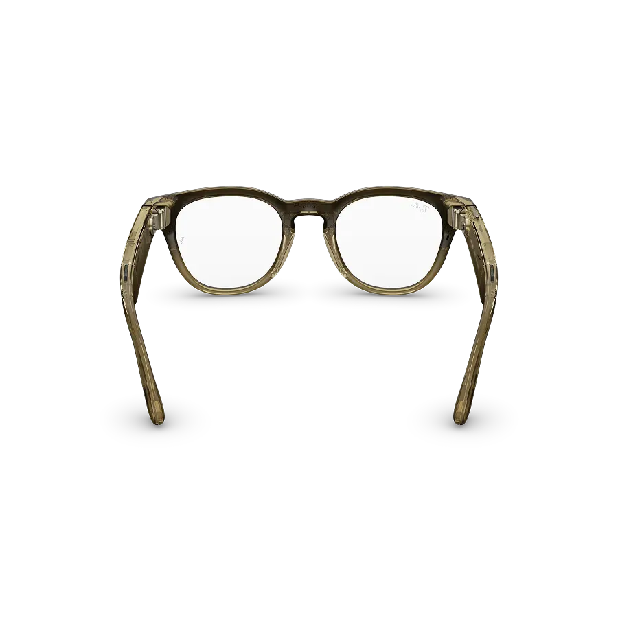Vue arrière des lunettes Ray-Ban Meta Scriber Optics (Gen 2) avec monture Beige Pierre Transparent brillant et verres transparents.