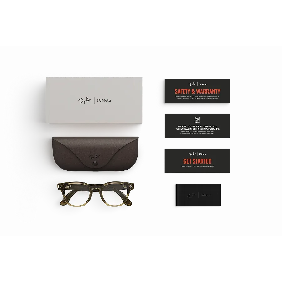 Articles inclus lors de l’achat des lunettes Ray-Ban Meta : étui de chargement Ray-Ban Meta, lunettes IA Ray-Ban Meta et guide de démarrage.