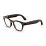 Vue de trois quarts gauche des Ray-Ban Meta Scriber Optics (Gen 2) avec monture transparente marron brillant et verres transparents.