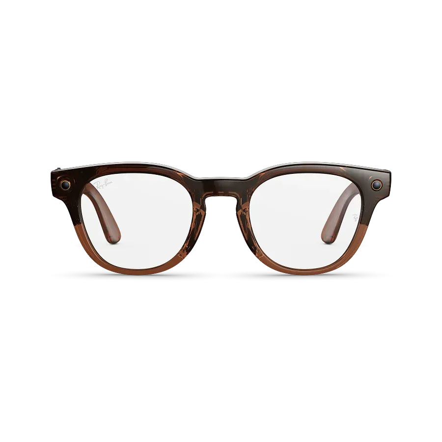 Vue avant des lunettes Ray-Ban Meta Scriber Optics (Gen 2) avec monture transparente marron brillant et verres transparents.