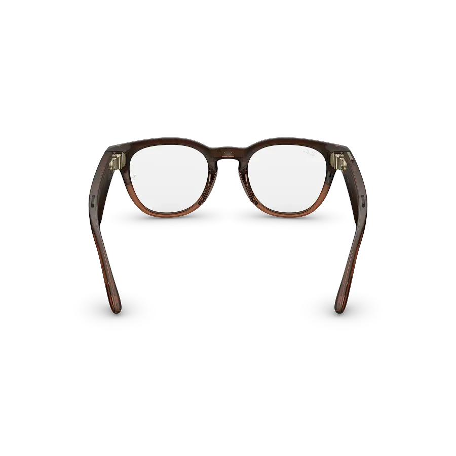 Vue arrière des lunettes Ray-Ban Meta Scriber Optics (Gen 2) avec monture transparente marron brillant et verres transparents.