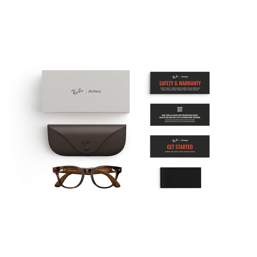 Articles inclus lors de l’achat des lunettes Ray-Ban Meta : étui de chargement Ray-Ban Meta, lunettes IA Ray-Ban Meta et guide de démarrage.